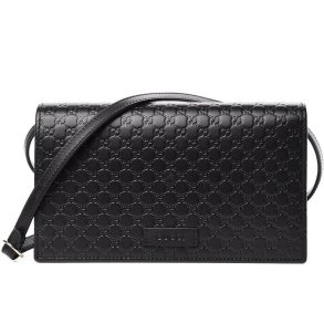  GUCCI Black G Logo Leather Wallet On Strap Small Crossbody