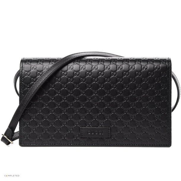  GUCCI Black G Logo Leather Wallet On Strap Small Crossbody